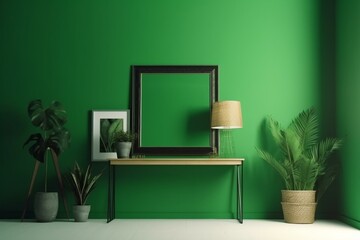 Green square frame in a furnished home background. Generative AI