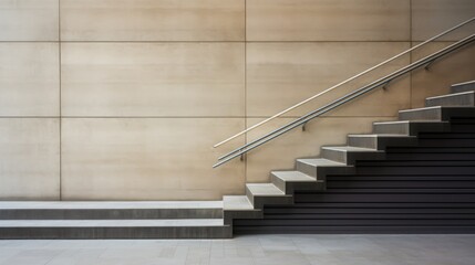 Grey stairs with lateral walls and handrails with copy space