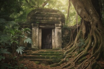 ancient doorway hidden amidst trees. Generative AI
