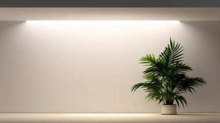 Empty light pastel wall interior mockup in a room with suspended ceiling and ceiling light with a tropical plant with copyspace for text