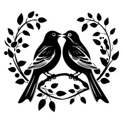 love birds, Wall Decals, Birds Couple in Love, Birds Silhouette on branch and Hearts Illustrations isolated on white background .Art Decoration