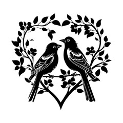 love birds, Wall Decals, Birds Couple in Love, Birds Silhouette on branch and Hearts Illustrations isolated on white background .Art Decoration