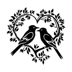 love birds, Wall Decals, Birds Couple in Love, Birds Silhouette on branch and Hearts Illustrations isolated on white background .Art Decoration