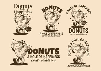 Donuts, a hole of happiness. Mascot character illustration of walking donuts holding a flag