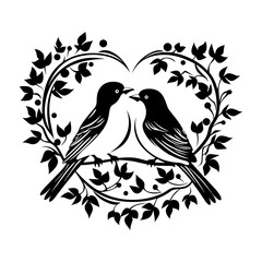 love birds, Wall Decals, Birds Couple in Love, Birds Silhouette on branch and Hearts Illustrations isolated on white background .Art Decoration