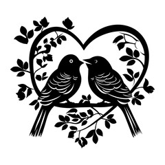 love birds, Wall Decals, Birds Couple in Love, Birds Silhouette on branch and Hearts Illustrations isolated on white background .Art Decoration