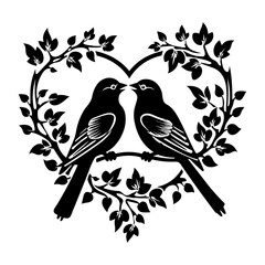 love birds, Wall Decals, Birds Couple in Love, Birds Silhouette on branch and Hearts Illustrations isolated on white background .Art Decoration