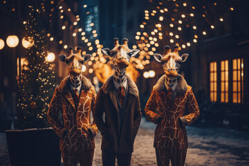 Three friends girafes standing like humans and posing at night christmas decorated street. The fun abstract idea with wild animals.