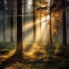 A beautiful green and clean forest with sunlight, lnadscape scenery. Generative Ai.