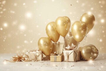 Gold balloons, gifts, confetti, stars, heart, bokeh lights on beige background. Valentine's day idea. Generative AI