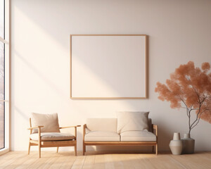 Modern minimal frame mockup, empty wooden picture frame mockup on table. Scandinavian interior design with elegant home office working space. Generative AI