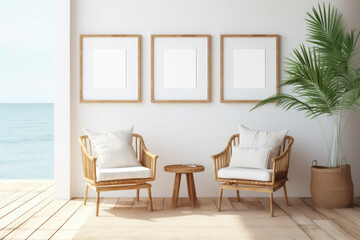 Modern minimal frame mockup, empty wooden picture frame mockup on table. Scandinavian Summer sea interior design with elegant home office working space. Generative AI