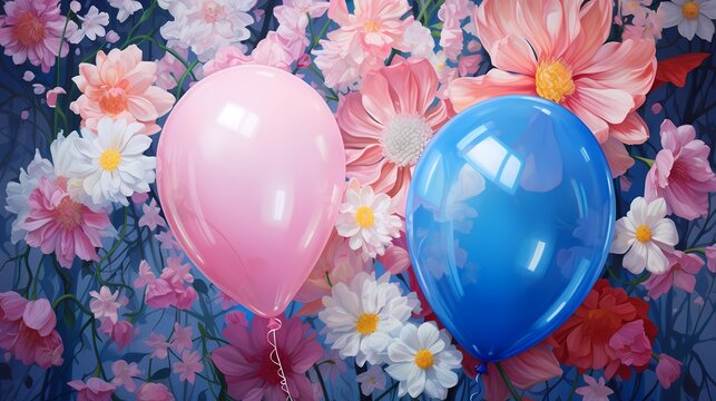 Colorful Balloons And Flowers On Blue Floral Background. Baby Shower