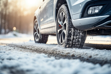 Naklejka premium Closeup of car driving on the road covered with snow