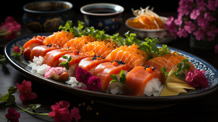 delicious japanese sushi rolls with salmon and vegetables