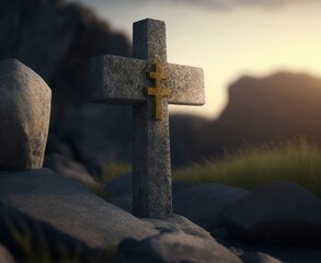 Christian stone cross in the mountains