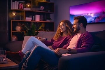 happy couple relaxes and watches movies and cable television news