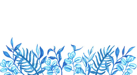 Blue watercolor leaves horizontal frame for card or invitations.Hand drawn greenery bouquet, vector isolated illustration.