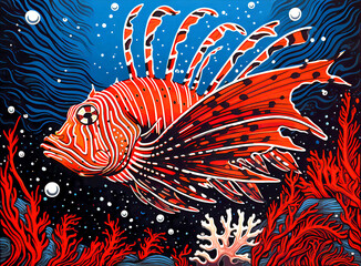 Fototapeta na wymiar Lionfish Linocut fine Linework in a Schematic Underwater Setting