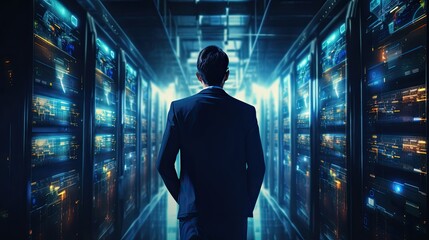 Back view of IT Engineer in big database server center office, High Speed Data Transfer, Server Transfer, Technology Science Breakethrough, Progress, Innovation Concept