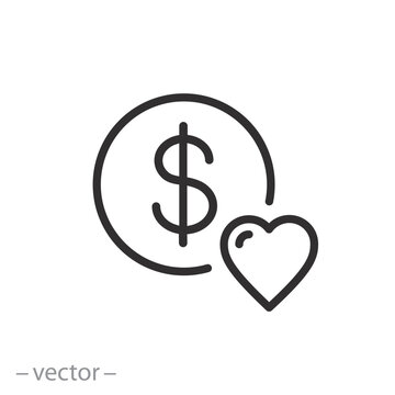 charity icon, love money, heart with dollar coin, donation concept, thin line symbol on white background - editable stroke vector illustration eps10