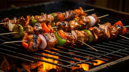 Grilling Shashlik Skewers on a Barbecue Grill Outdoors, Summertime Cooking Scene