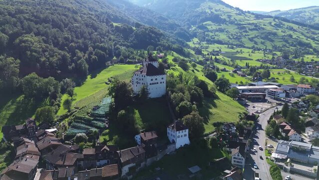 Beautiful view of top to Werdenberg castle. View from drone, quadrocopter to the medieval castle in the Swiss city of Werdenberg. Top view of the city and at home.