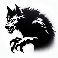 werewolf graffiti stencil-art sprayed in black over white, generative ai