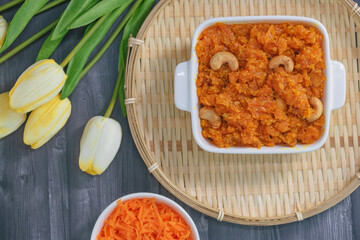 Gajar ka halwa is a carrot-based sweet dessert pudding from India. Garnished with Cashew/almond nuts.Gajar halwa, also known as gajorer halua, gajrela, gajar pak, and carrot halwa.