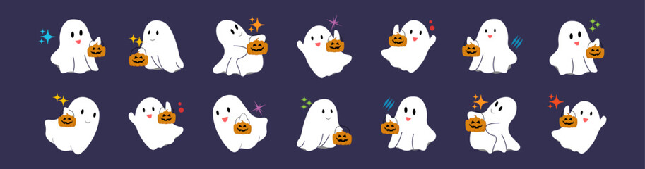 Little cute ghosts collection. Cartoon spooky character with different emotions and face expressions. Funny kawaii spirits. Flat vector illustration for holiday decoration.
