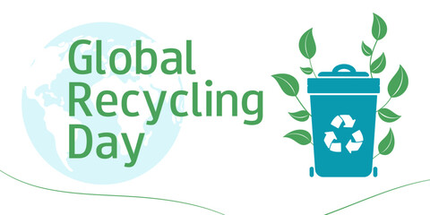 Global Recycling Day. November 15. Zero waste concept. Horizontal banner. Recycle bin with plants. 