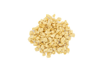 Raw dehydrated soy meat or soya textured chunks isolated on white background. Top view.