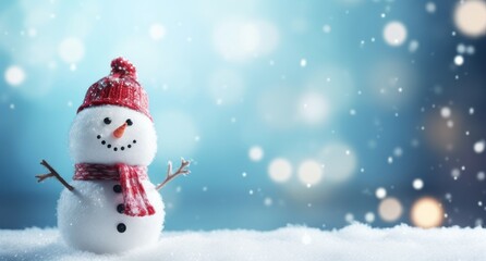 Naklejka na ściany i meble Merry christmas and happy new year greeting card with copy-space.Happy snowman standing in christmas landscape.Snow background.