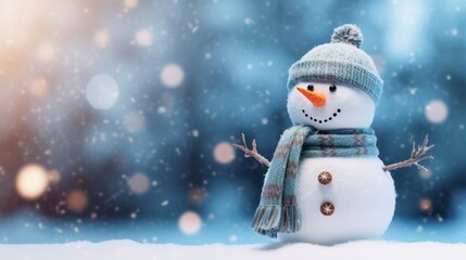 Obraz premium Merry christmas and happy new year greeting card with copy-space.Happy snowman standing in christmas landscape.Snow background.