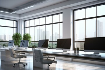Empty minimalistic office with computer equipment, workstations by window. Generative AI