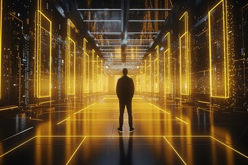High-Tech Data Center with Business Person in Tron Neon Lights