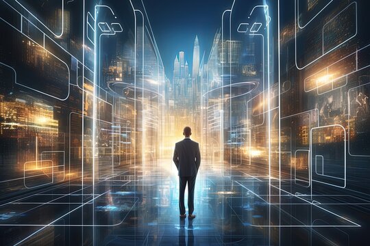 Futuristic Businessman in B2B E-commerce Hub