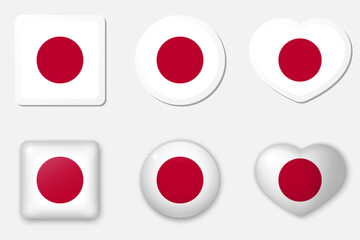 Flag of Japan icons collection. Flat stickers and 3d realistic glass vector elements on white background with shadow underneath.