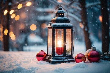 Christmas decoration with a lantern in the snow in a winter park with beautiful bokeh. Generative Ai.