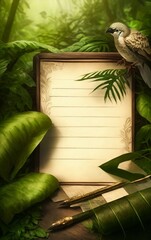 Sheet of old paper among green foliage