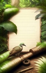 Sheet of old paper among green foliage