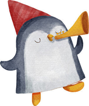 Penguin with party hat blow the trumpet . Christmas concept . Watercolor paint cartoon characters . PNG .