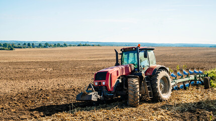 Tractor in the field. Agricultural machinery. Agricultural farm tractor during tillage of soil and...