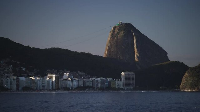 Scenic Helicopter View of Sugarloaf Mountain and Copacabana Beach at Dusk