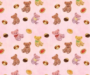 おしゃれなテディベアたちと木目柄のパターンイラスト