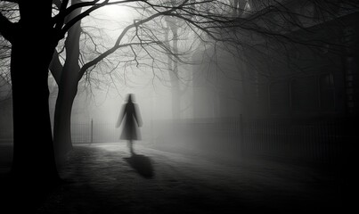 Photo of a person walking through a foggy street