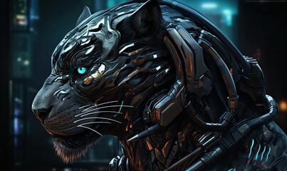 Photo of a futuristic tiger standing in a city at night