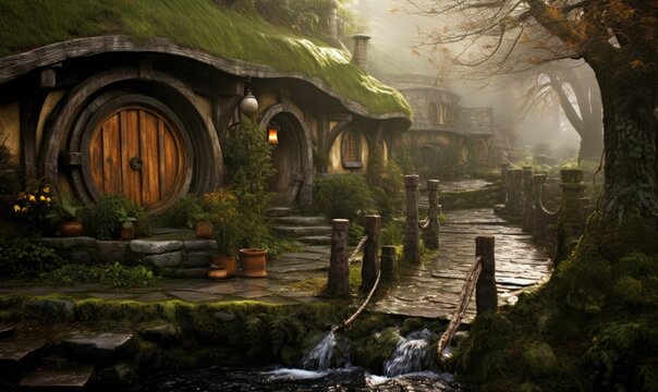 Photo of a charming hobbit house nestled beside a babbling stream