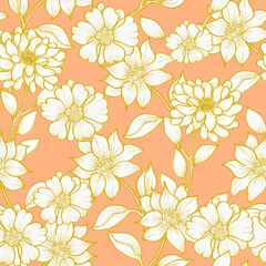 Hand Drawn Gold Dahlia Flower Seamless Pattern