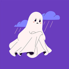 Happy ghost with headphones play on game console. Playful spook hold controller in hands. Baby phantom with headset and joystick. Halloween party decoration. Flat isolated vector illustration